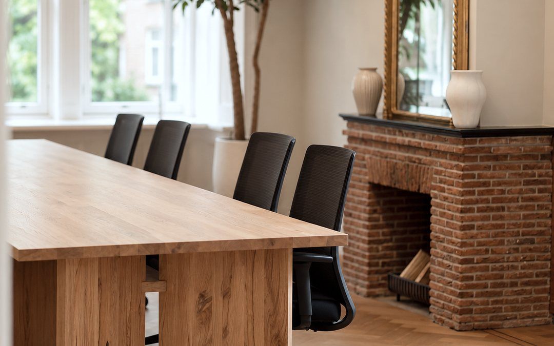 House Desk at a long oak table by the fireplace at CreativeGrounds, Emmalaan, Amsterdam Oud-Zuid
